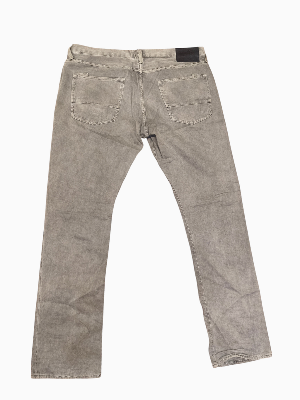 Awsum Thrift PRPS gray denim jeans, back view showing pockets and black leather brand patch