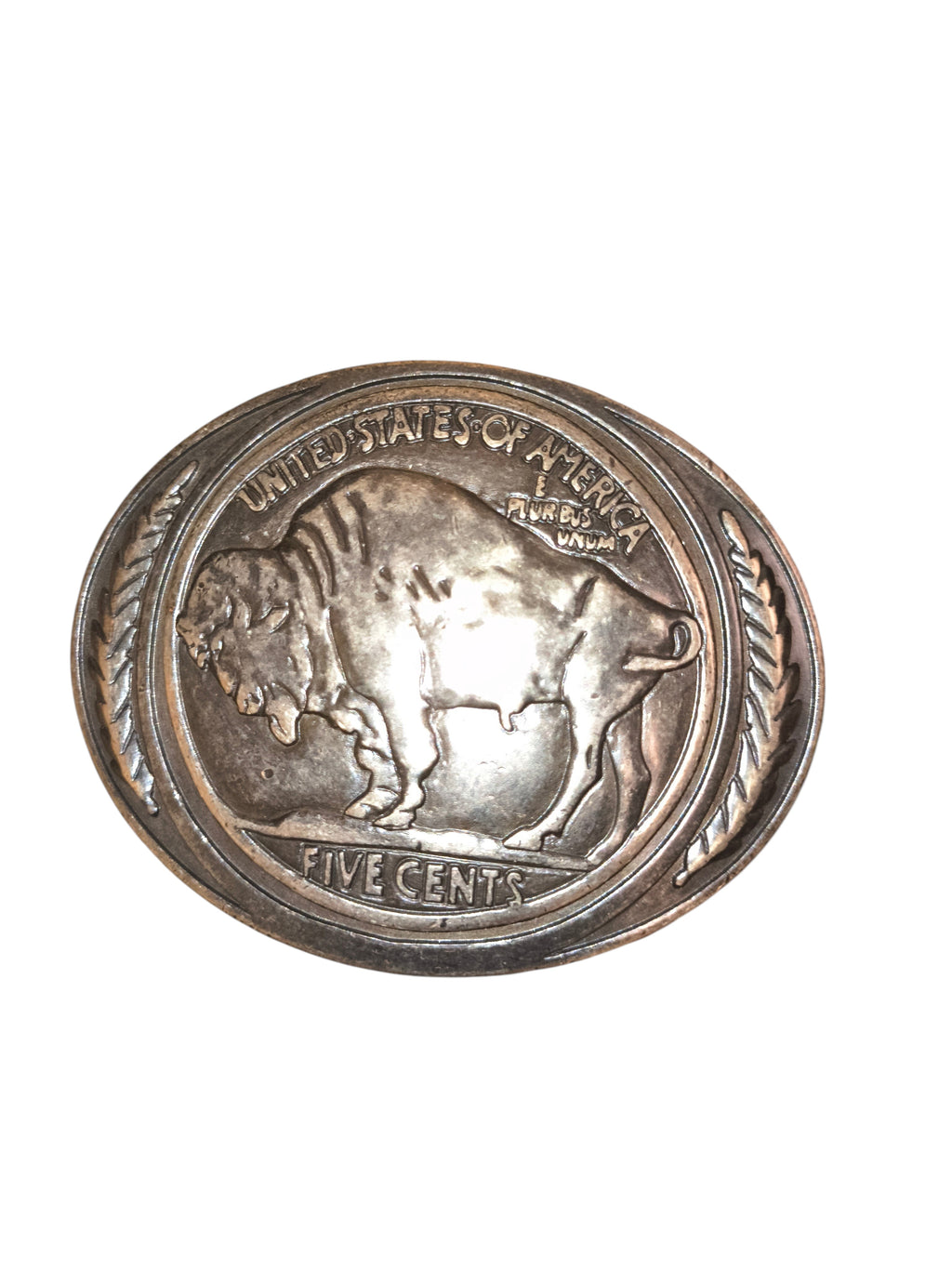 Awsum Thrift vintage Eddie Bauer belt buckle featuring an antiqued silver-tone US Buffalo Nickel coin design