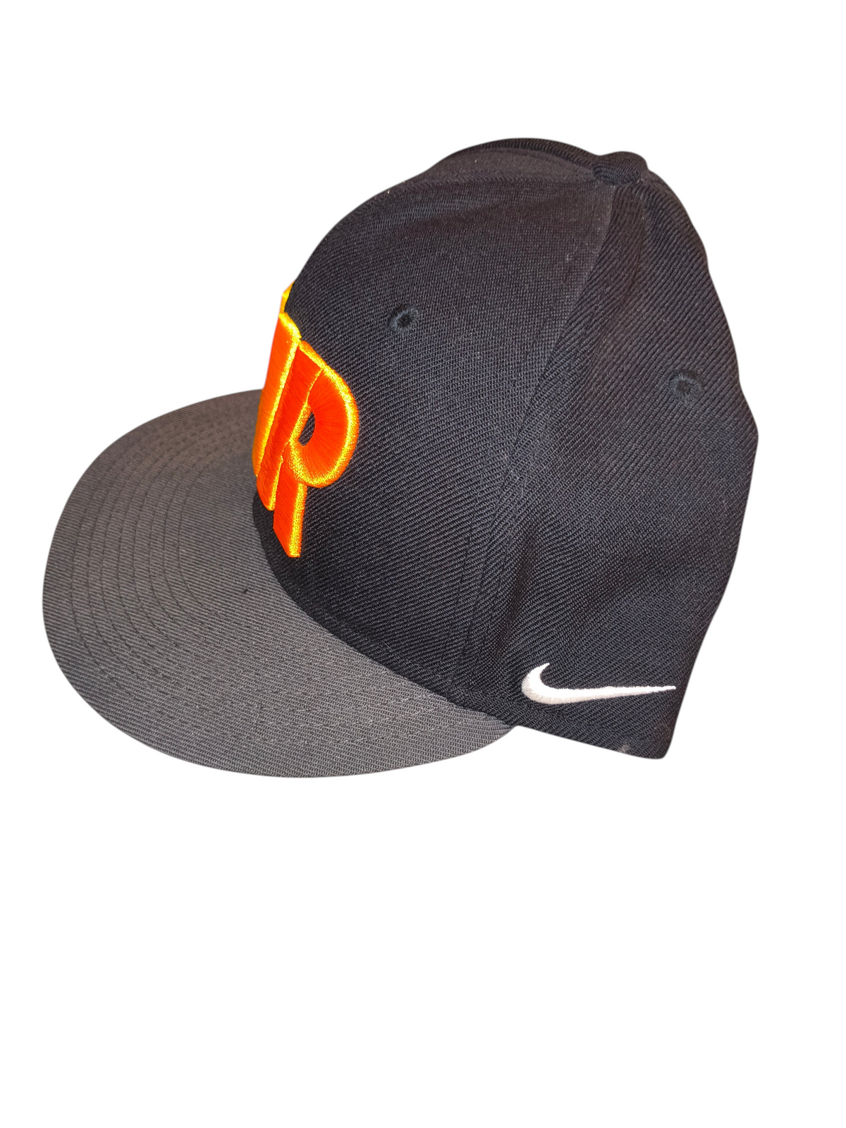 Awsum Thrift vintage Nike Air snapback hat in black with a grey flat brim and yellow-to-orange gradient AIR embroidery