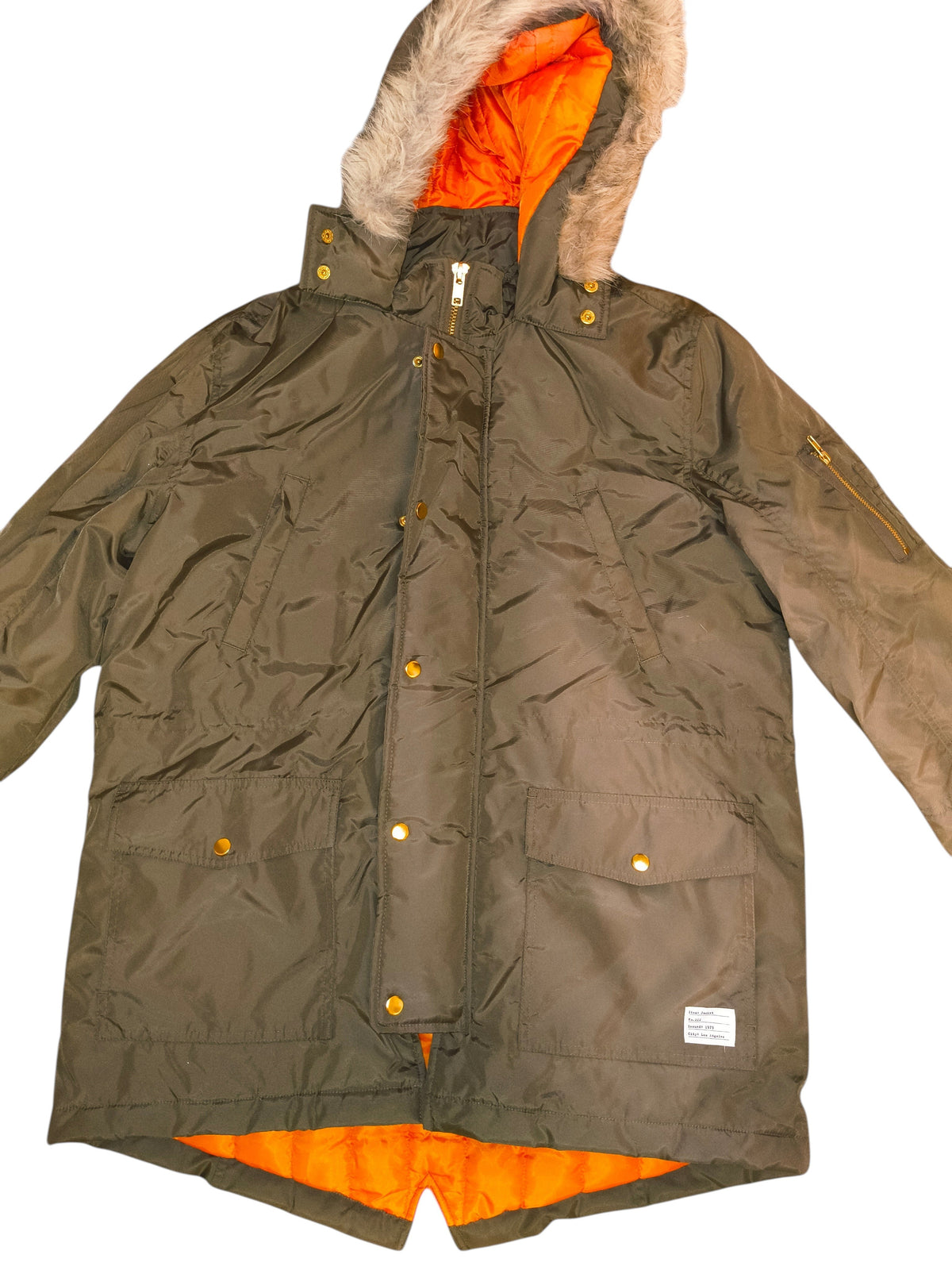 Awsum Thrift green parka coat with bright orange lining, faux fur hood trim, and gold snap button closures.