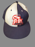 Awsum Thrift vintage Akademiks Stadium fitted hat in navy and grey with embroidered front logo and white piping