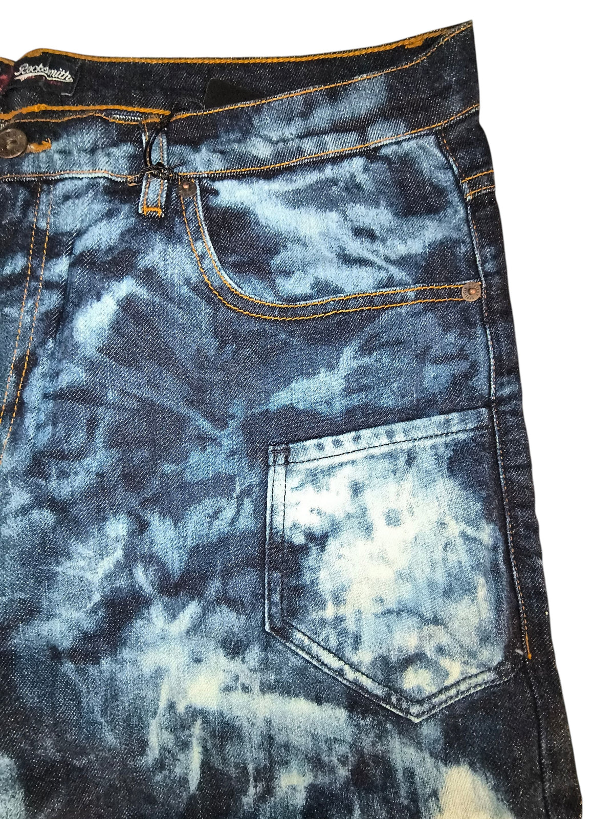 Awsum Thrift Rocksmith NYC men's straight jeans featuring a dark indigo and bleached tie-dye cloud wash effect.