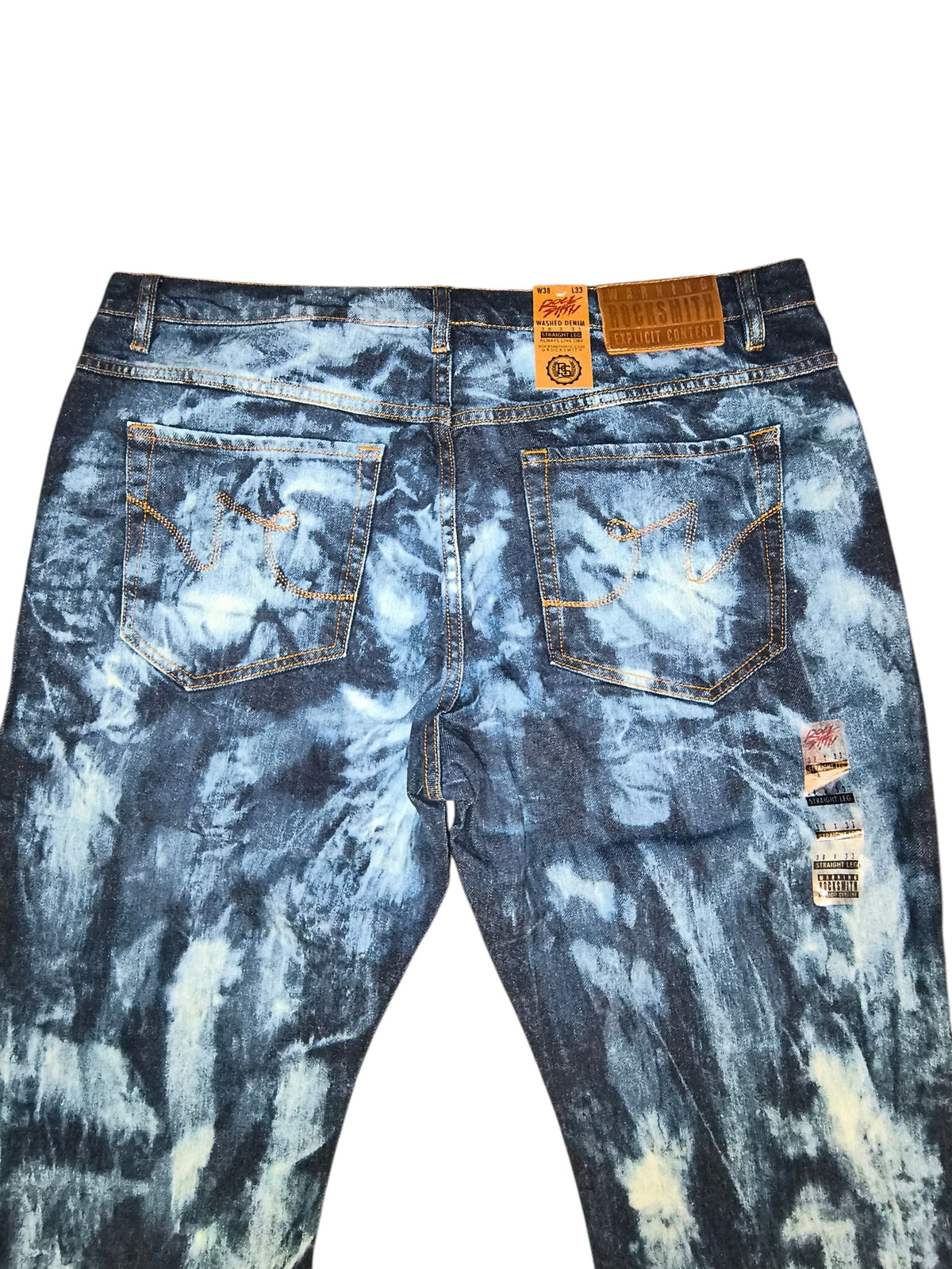 Awsum Thrift Rocksmith NYC straight leg jeans featuring a dark indigo and bleached tie-dye cloud wash back view.