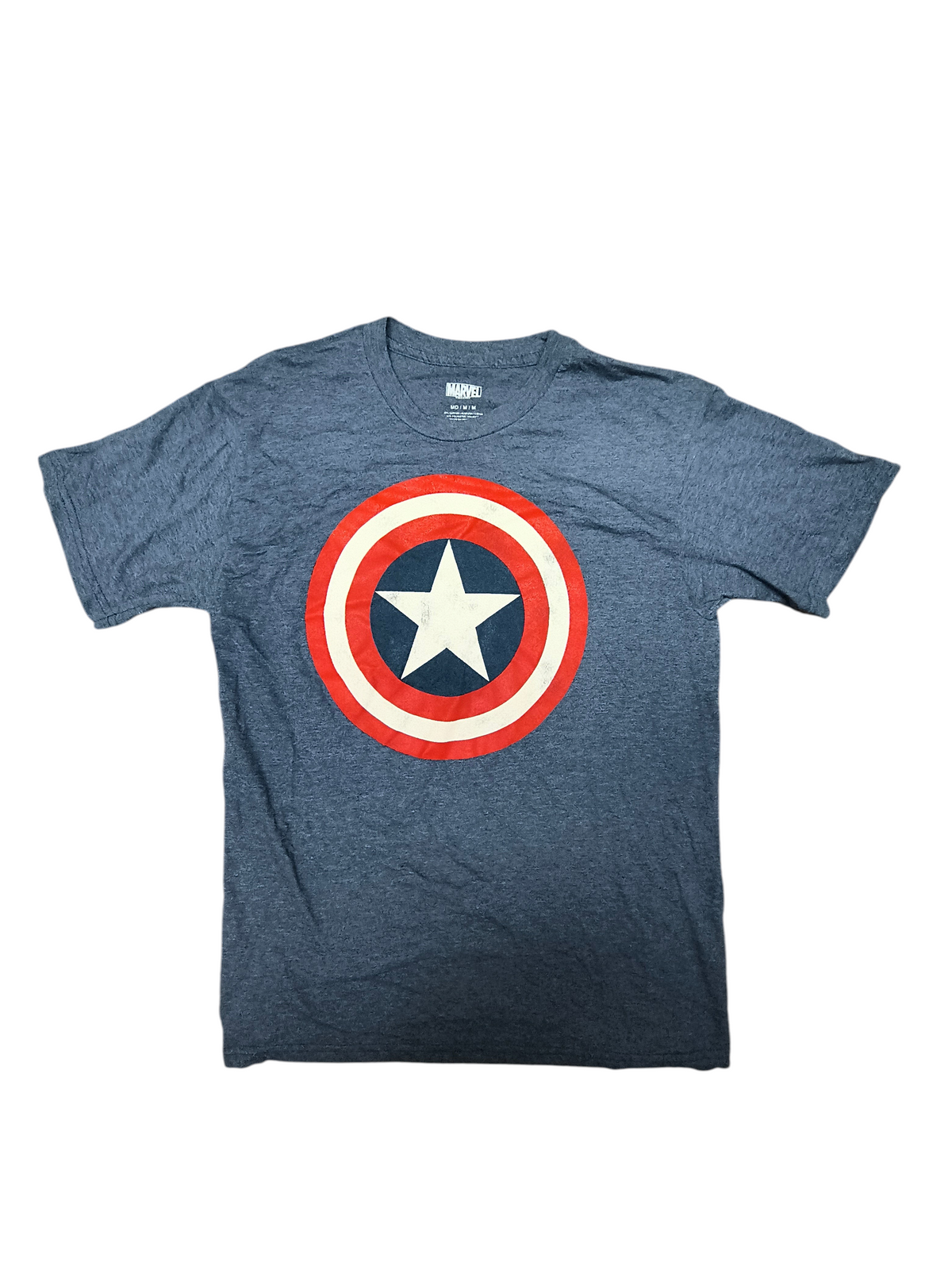 Awsum Thrift blue Captain America graphic t-shirt with a red, white, and blue shield logo on the chest