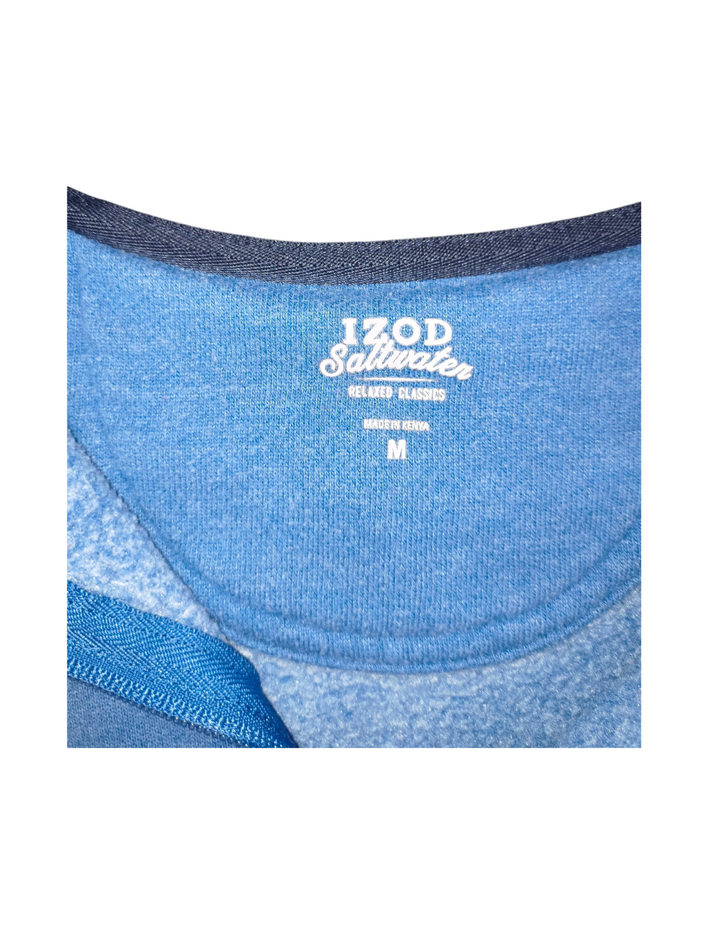 Awsum Thrift IZOD Saltwater Relaxed Classics light blue heather fleece pullover neck label and size M tag