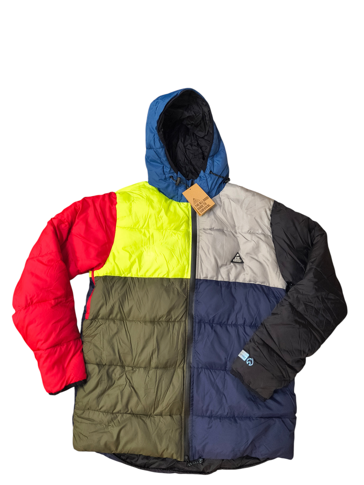Awsum Thrift All Good High Camp puffer jacket featuring a retro multi-colorblock design with hood and zipper closure.
