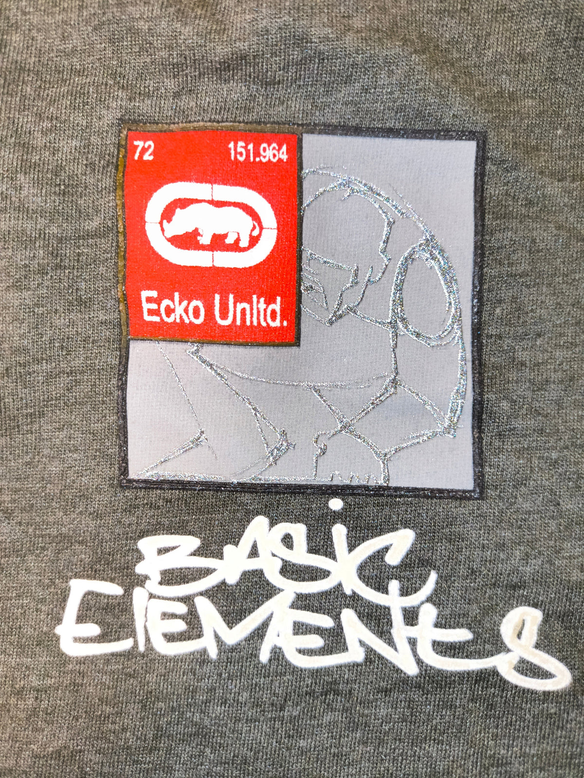 Awsum Thrift Ecko Unltd heather gray long sleeve shirt featuring a periodic table graphic and Basic Elements text