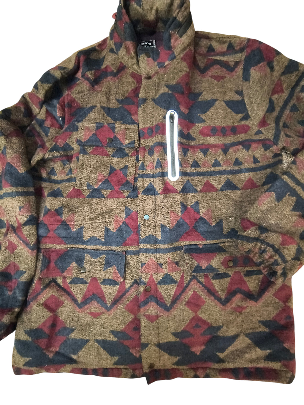 Awsum Thrift All Good men's fleece shirt jacket with earth-tone Aztec geometric print and silver chest zipper pocket