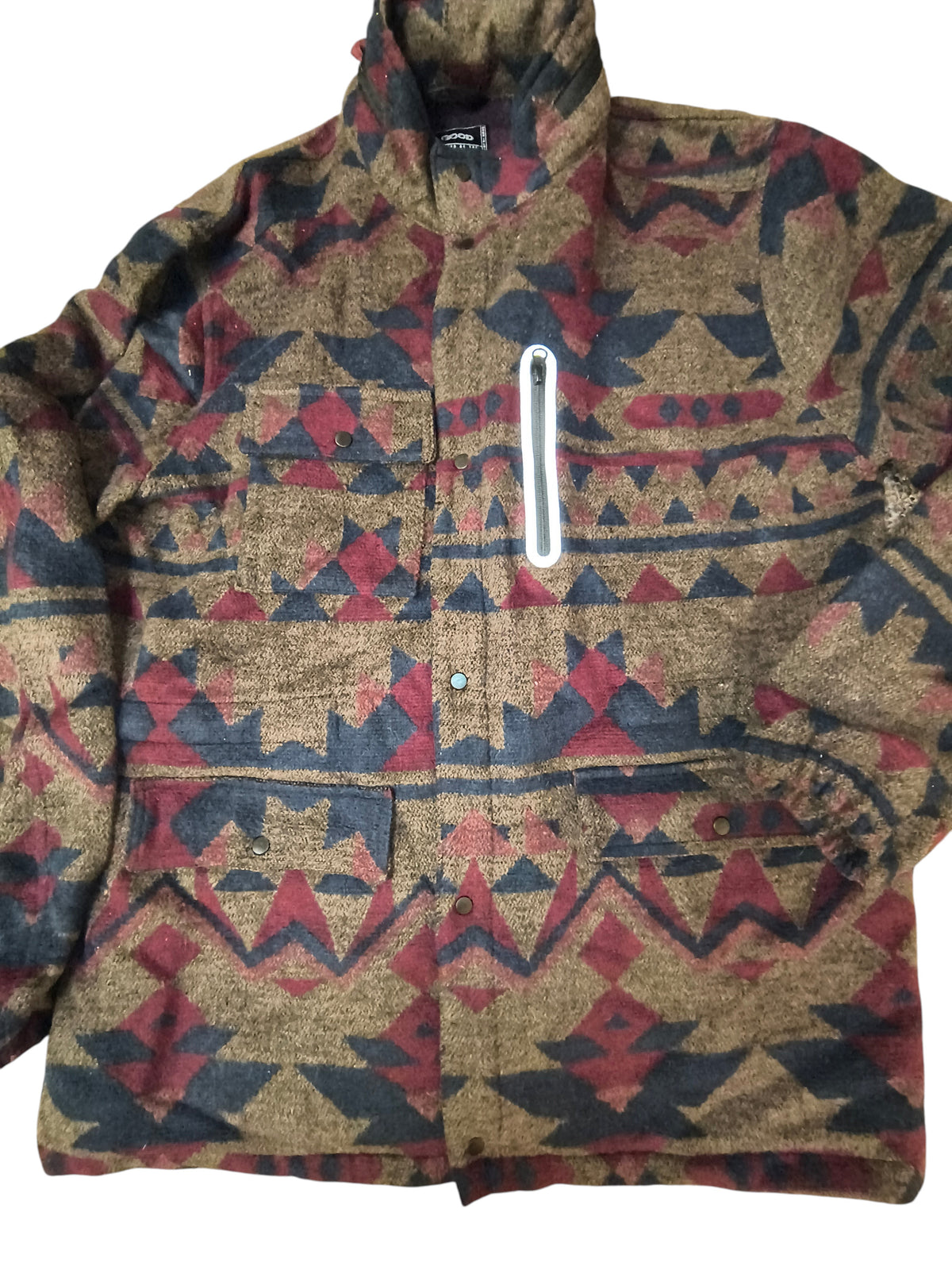 Awsum Thrift All Good men's fleece shirt jacket with earth-tone Aztec geometric print and silver chest zipper pocket