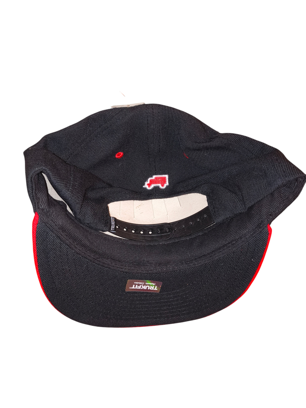 Awsum Thrift Trukfit snapback hat in black with red accents, featuring a small embroidered truck logo on the back.