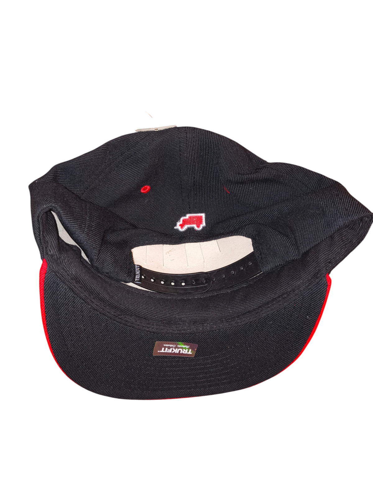 Awsum Thrift Trukfit snapback hat in black with red accents, featuring a small embroidered truck logo on the back.