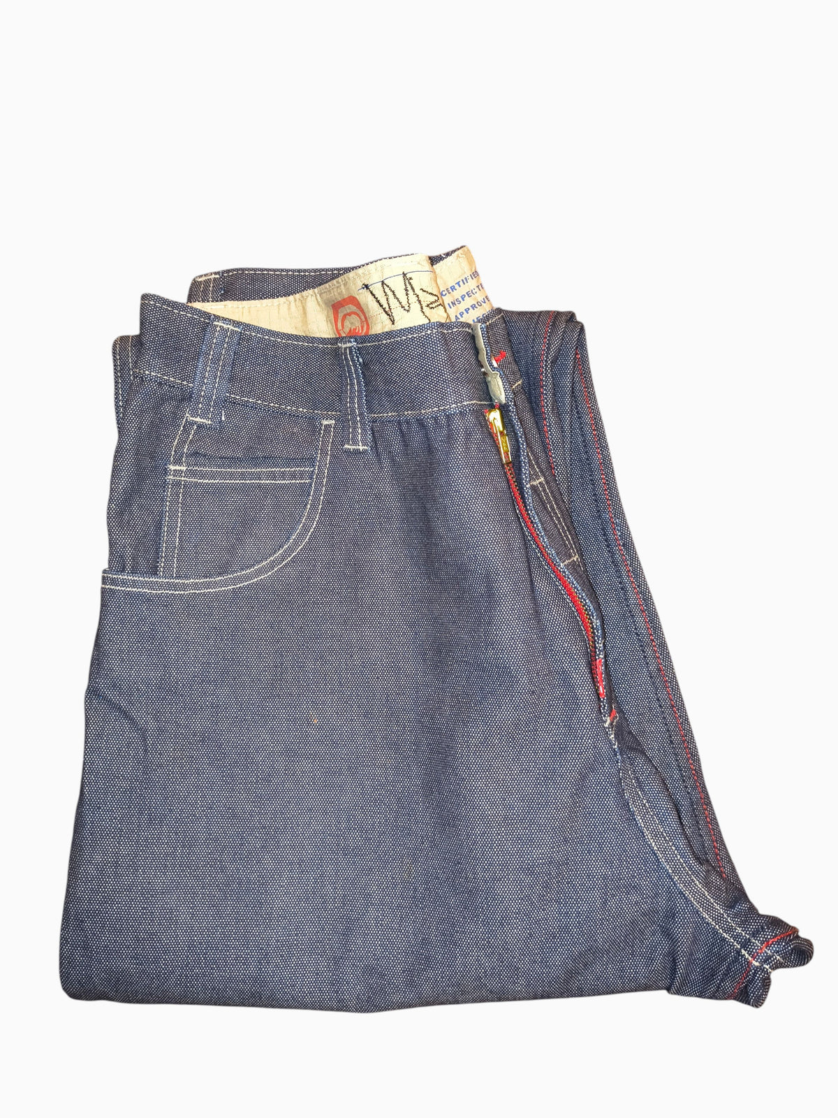 Awsum Thrift vintage Marc Ecko dark indigo denim carpenter jeans with red contrast stitching and embroidered rhino logo