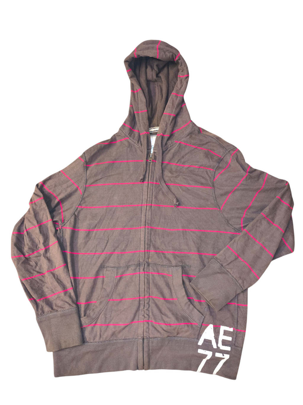 Awsum Thrift American Eagle Outfitters brown and neon pink striped cotton full-zip hoodie with AE 77 graphic