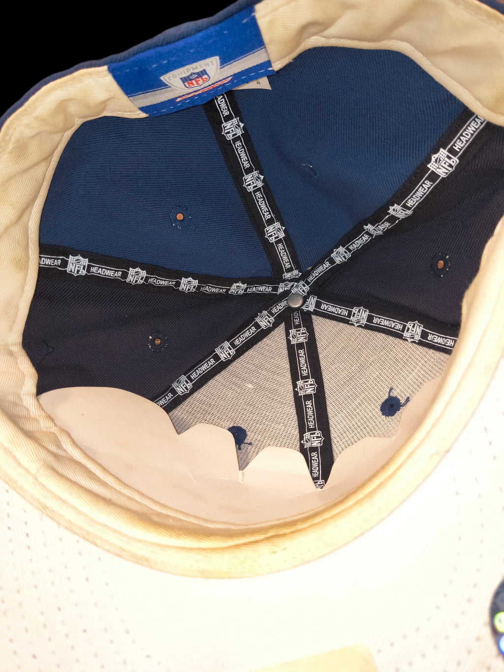 Awsum Thrift vintage Reebok NFL Equipment Seattle Seahawks fitted hat interior showing branded taping and aging
