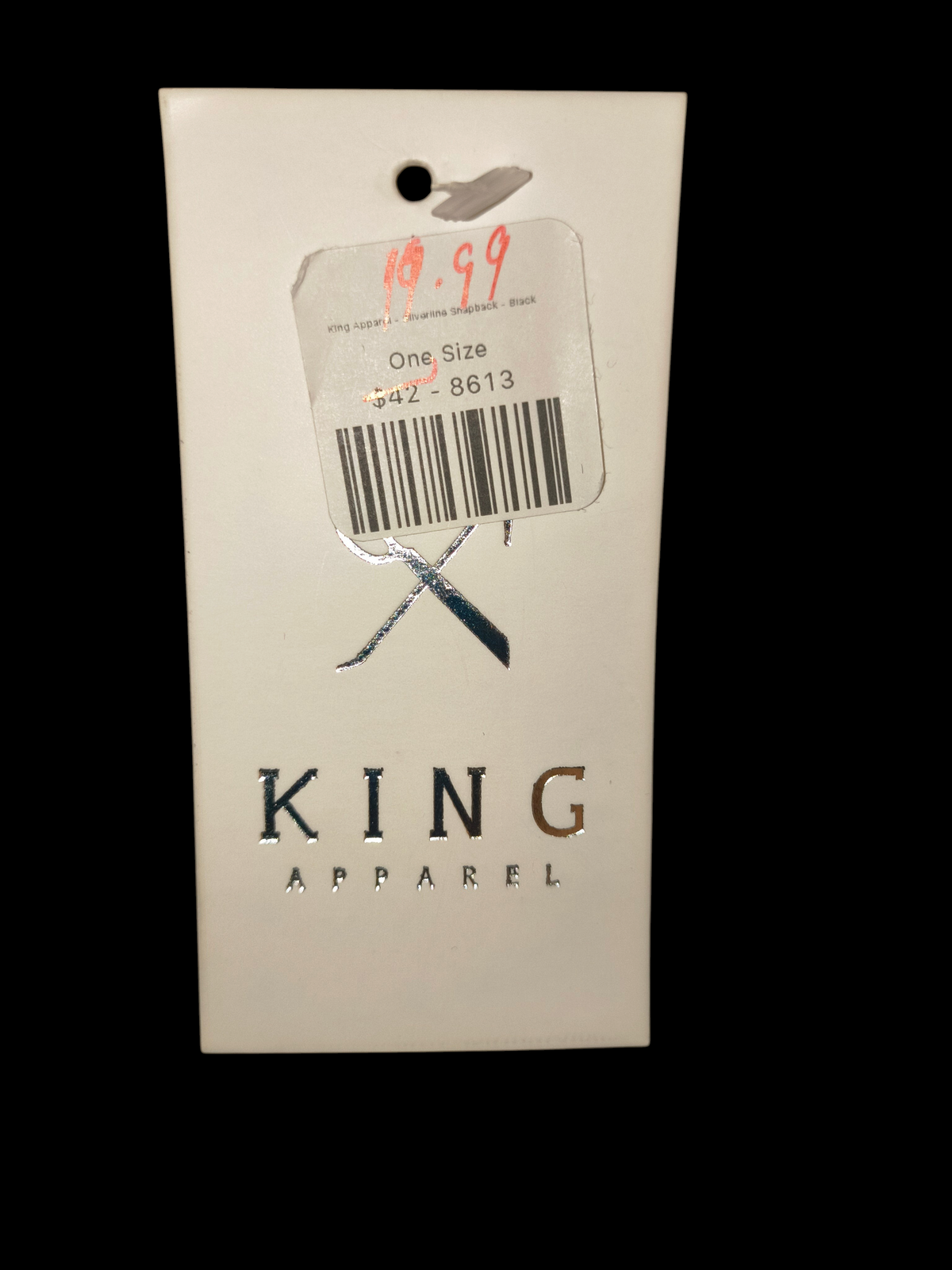 Awsum Thrift King Apparel white cardboard product tag with silver foil logo and price sticker