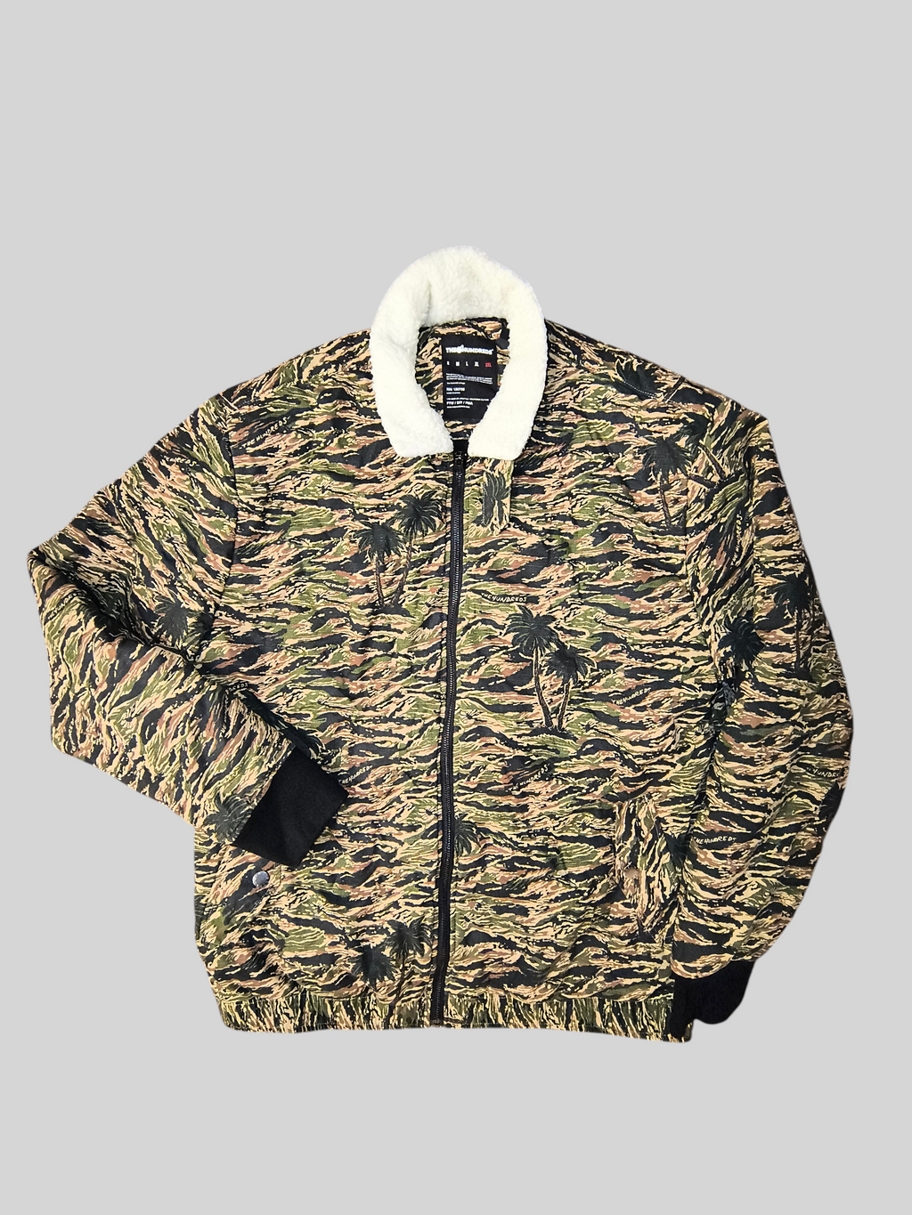 Awsum Thrift The Hundreds tiger palms camo bomber jacket with cream sherpa collar and black ribbed trim