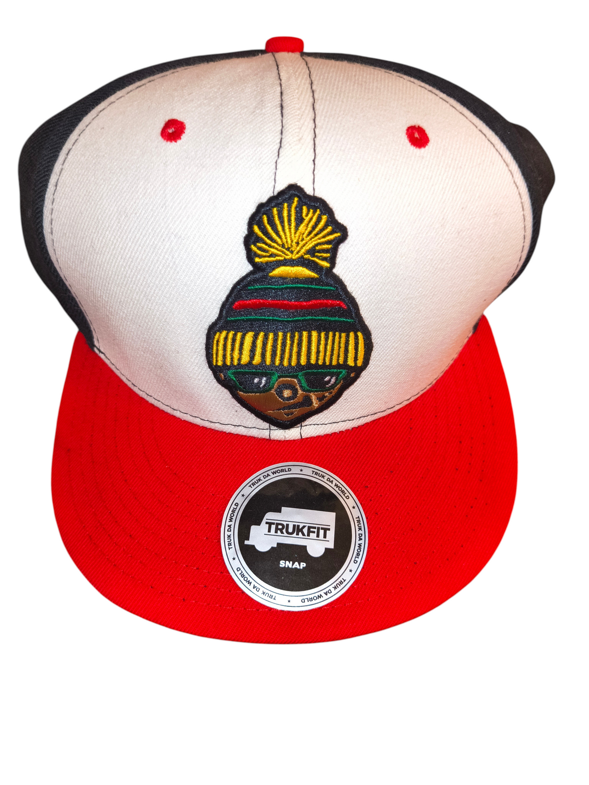 Awsum Thrift vintage Trukfit snapback hat featuring a white, black, and red color-blocked design with beanie boy logo