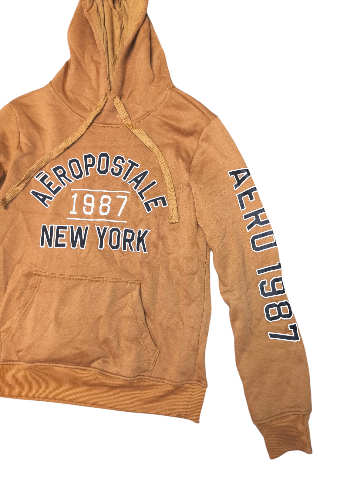 Awsum Thrift tan Aeropostale hoodie with navy blue logo text on the chest and sleeve and a front kangaroo pocket.