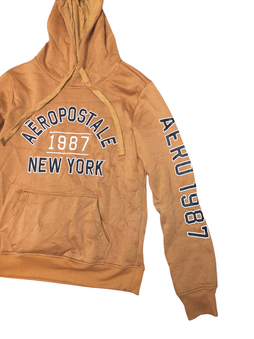 Awsum Thrift tan Aeropostale hoodie with navy blue logo text on the chest and sleeve and a front kangaroo pocket.