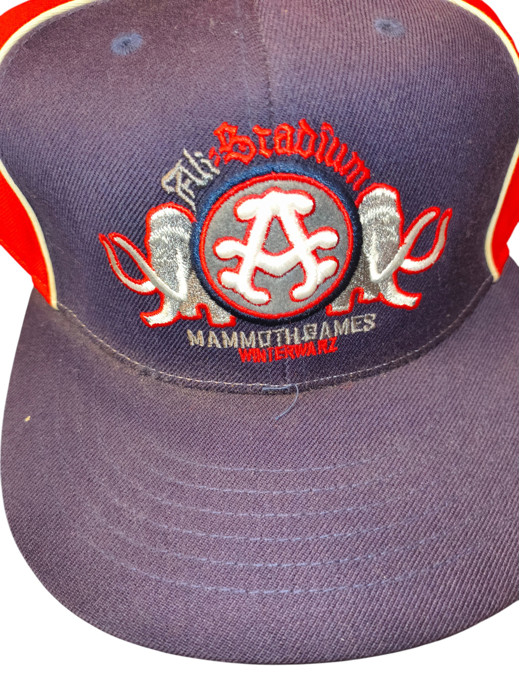 Awsum Thrift vintage Akademiks Stadium Games Winterwarz navy blue fitted hat with embroidered crest and red piping