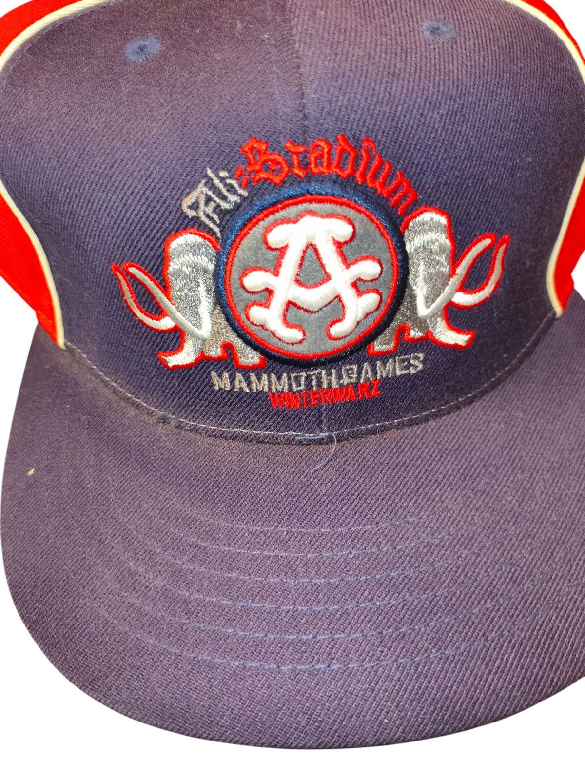 Awsum Thrift vintage Akademiks Stadium Games Winterwarz navy blue fitted hat with embroidered crest and red piping