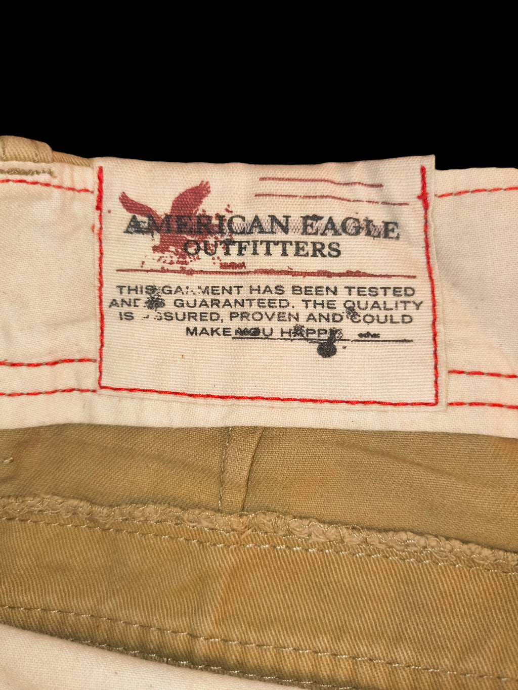 Awsum Thrift American Eagle Outfitters khaki cargo shorts interior label with red contrast stitching