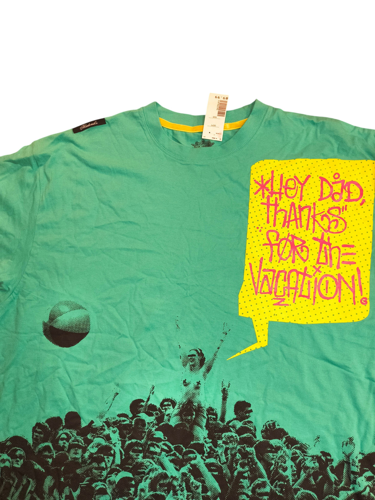 Awsum Thrift Akademiks teal cotton crewneck t-shirt with Y2K streetwear graphic and yellow speech bubble text