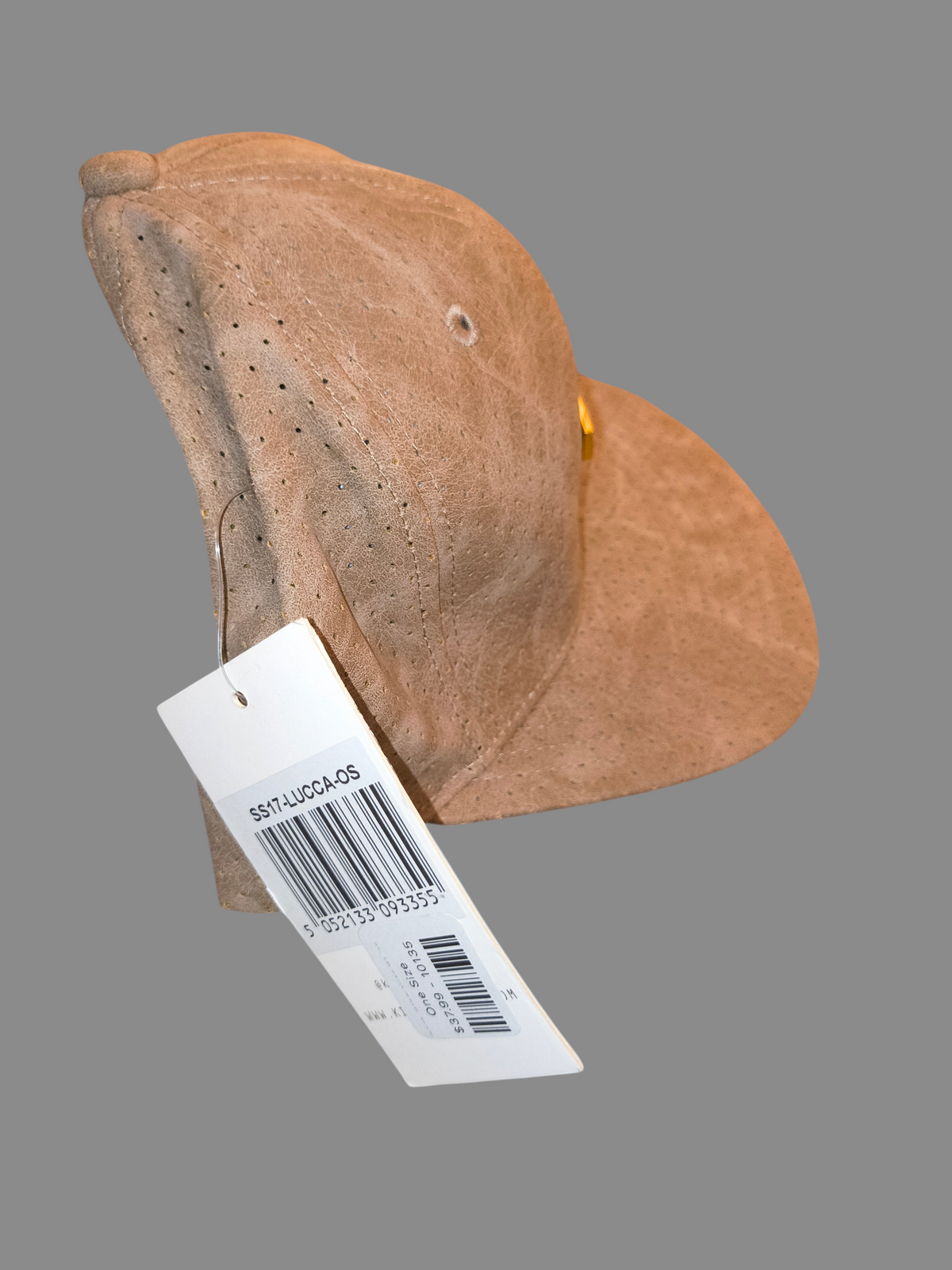 Awsum Thrift King Apparel tan perforated faux-leather snapback hat with gold metal logo plate and original retail tag