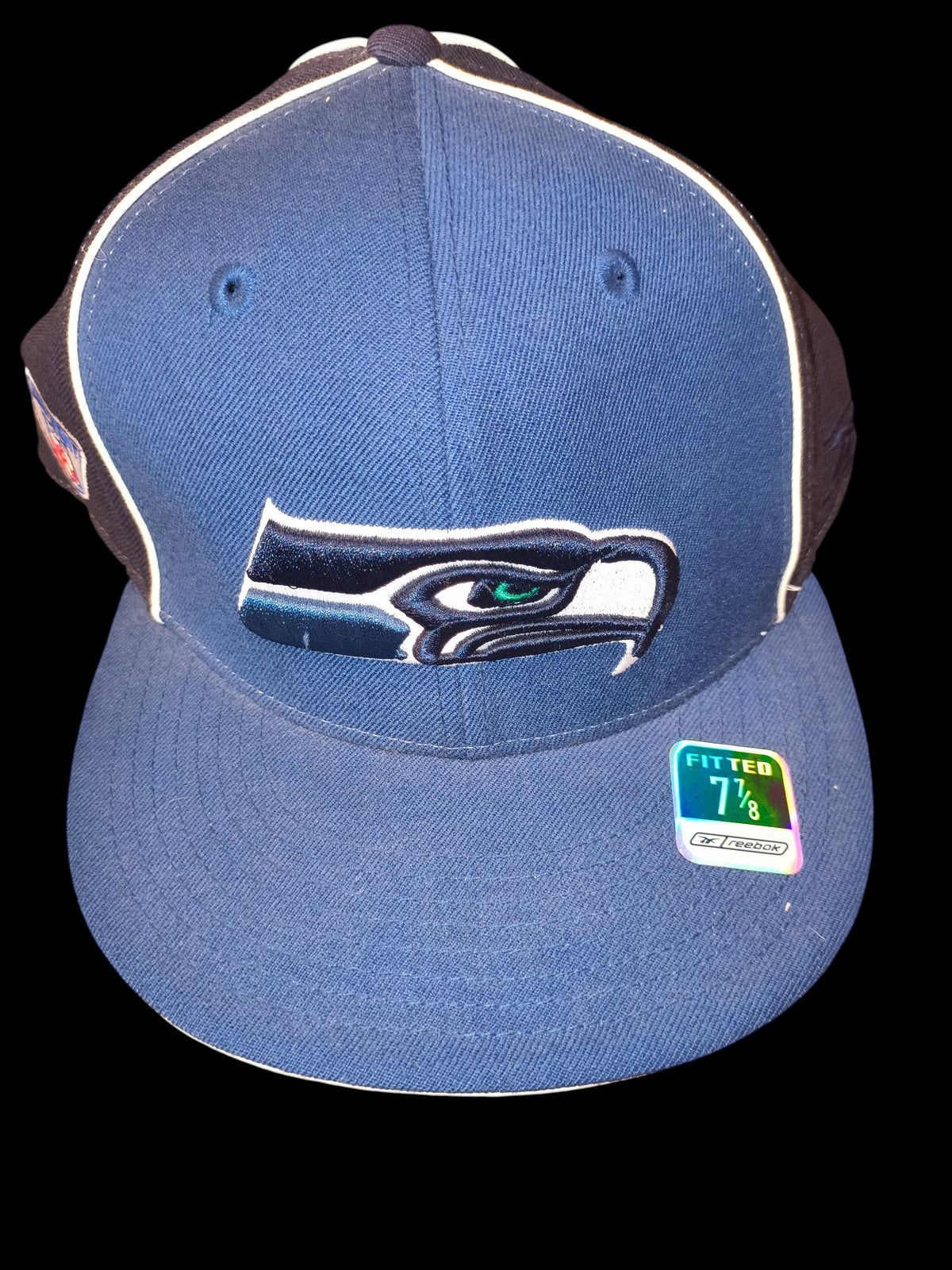 Awsum Thrift vintage Reebok NFL Equipment Seattle Seahawks navy blue fitted hat with embroidered logo and NWT sticker