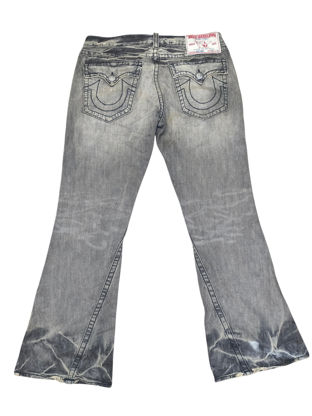 Vintage True Religion Joey Big T Flare Jeans Gray Acid Wash 38x33 Made In USA