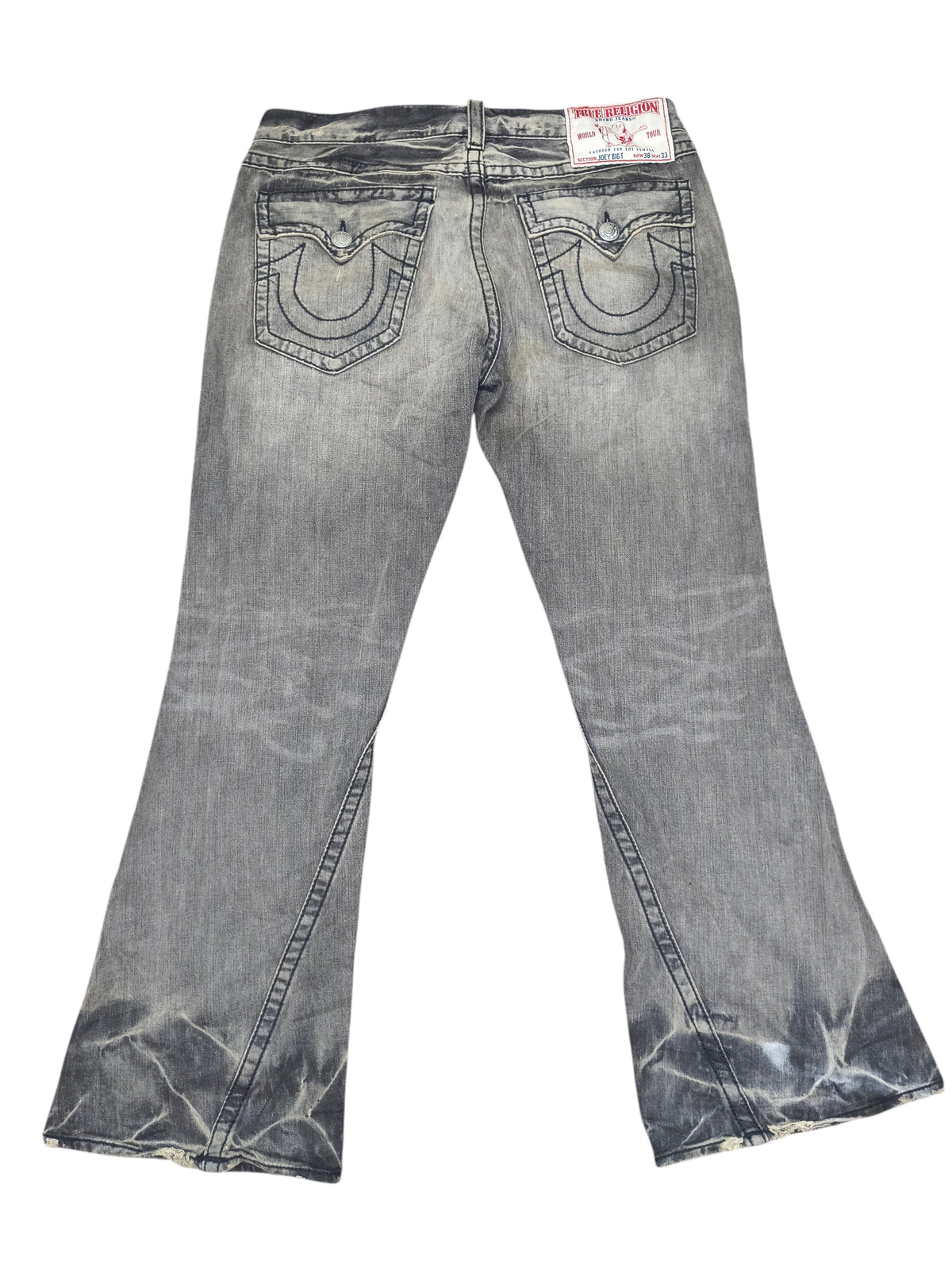 Vintage True Religion Joey Big T Flare Jeans Gray Acid Wash 38x33 Made In USA