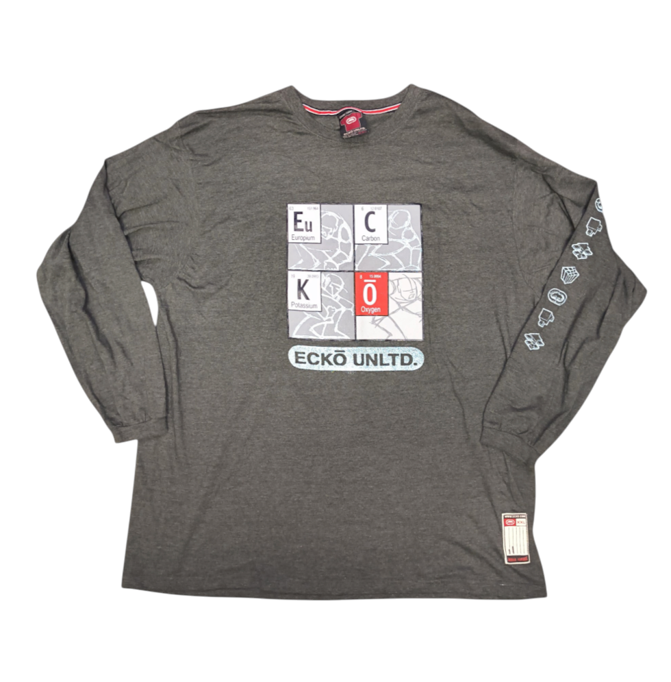 Awsum Thrift Ecko Unltd heather gray long sleeve shirt with periodic table graphic and sleeve prints in size XXL