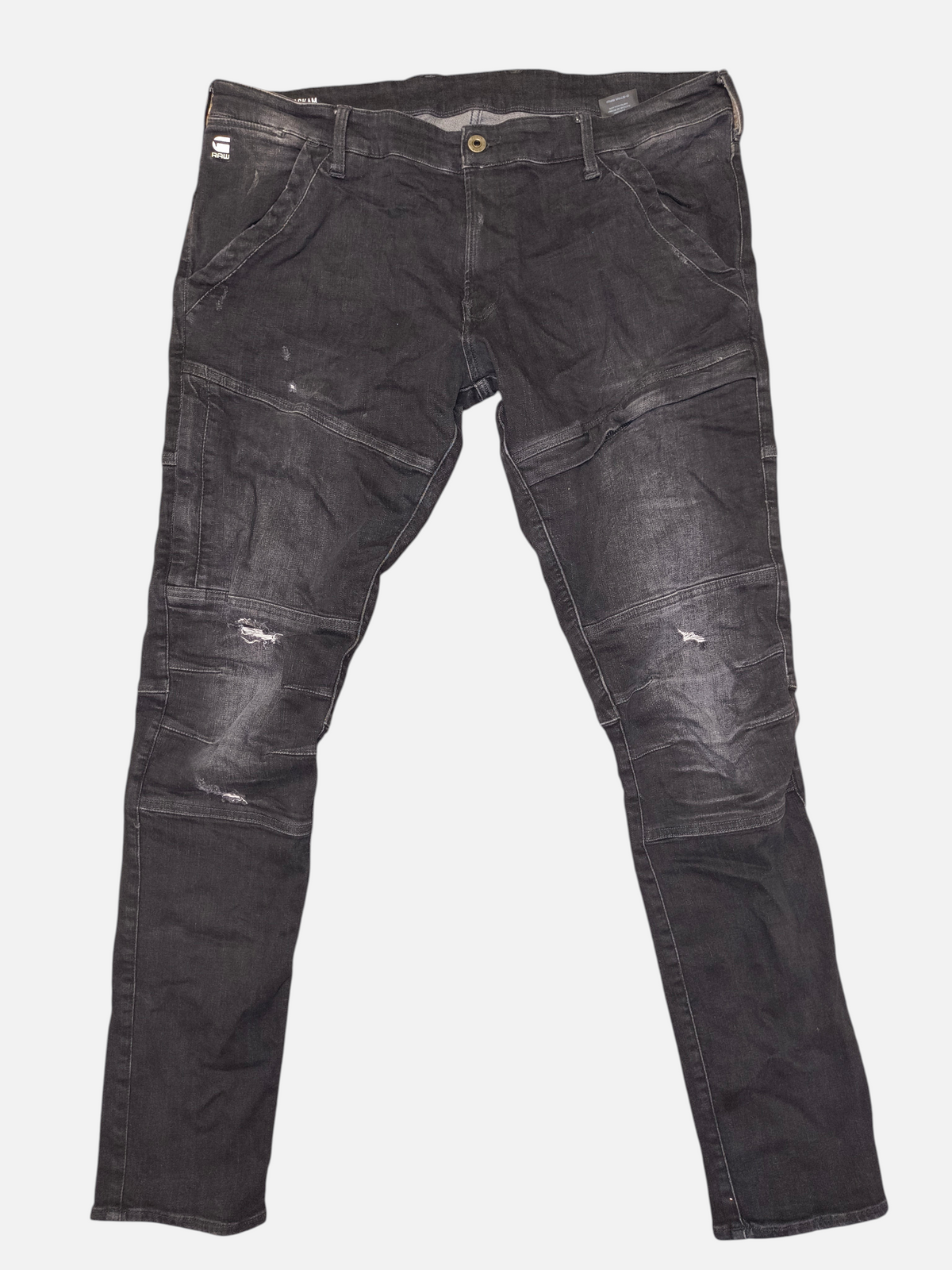 Awsum Thrift G-Raw RackHam black denim jeans with distressed knee details and reinforced paneling