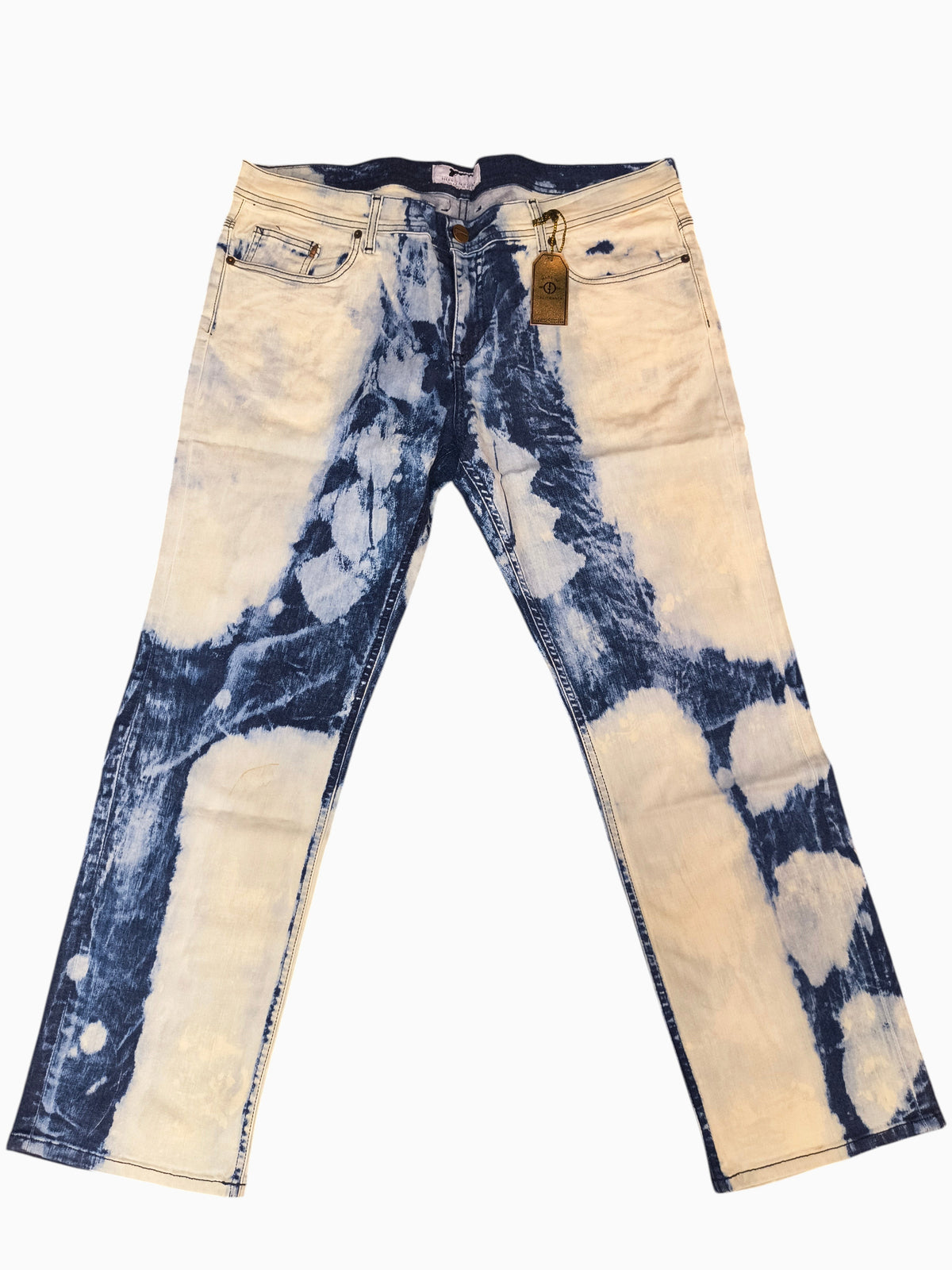 Awsum Thrift Golden Denim The Clark slim fit jeans with high-contrast bleached indigo tie-dye cloud wash pattern.