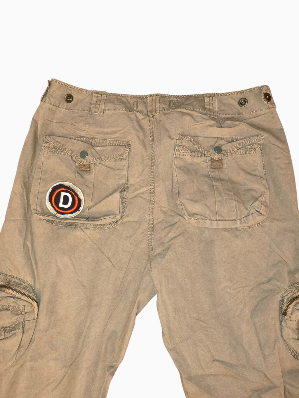 Awsum Thrift Decibel khaki tan cotton canvas tactical cargo pants with embroidered D patch on back pocket
