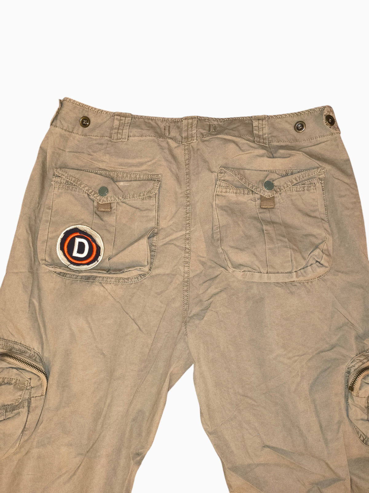 Awsum Thrift Decibel khaki tan cotton canvas tactical cargo pants with embroidered D patch on back pocket