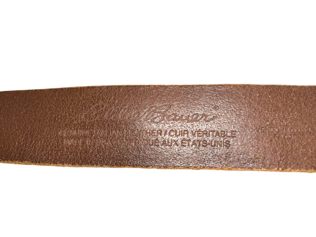 Awsum Thrift vintage Eddie Bauer dark brown Italian leather belt strap with embossed branding and Made in USA stamp