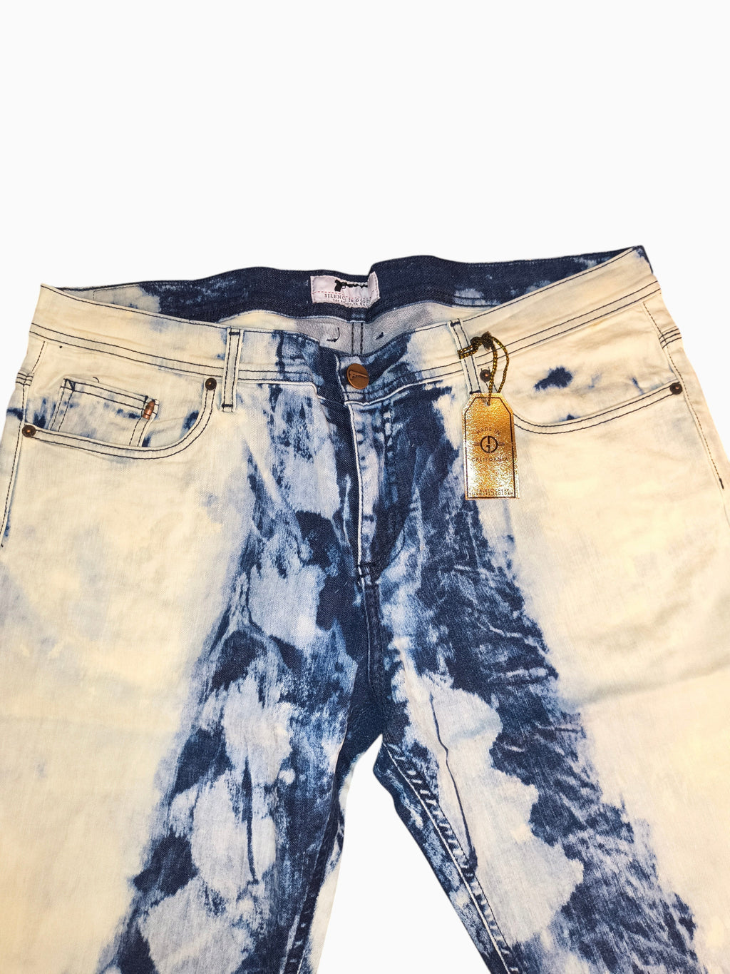 Awsum Thrift Golden Denim The Clark slim fit jeans featuring a high-contrast bleached indigo cloud tie-dye wash.