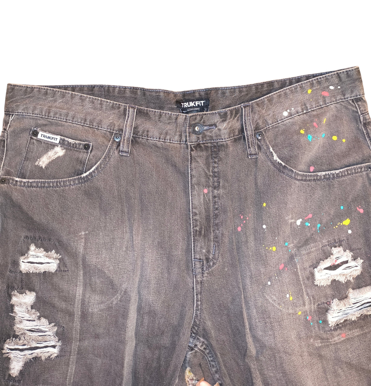 New 2012 Trukfit Lil Wayne Grey Paint Splatter Distressed Denim Shorts - Men's Size 38 (EUC)