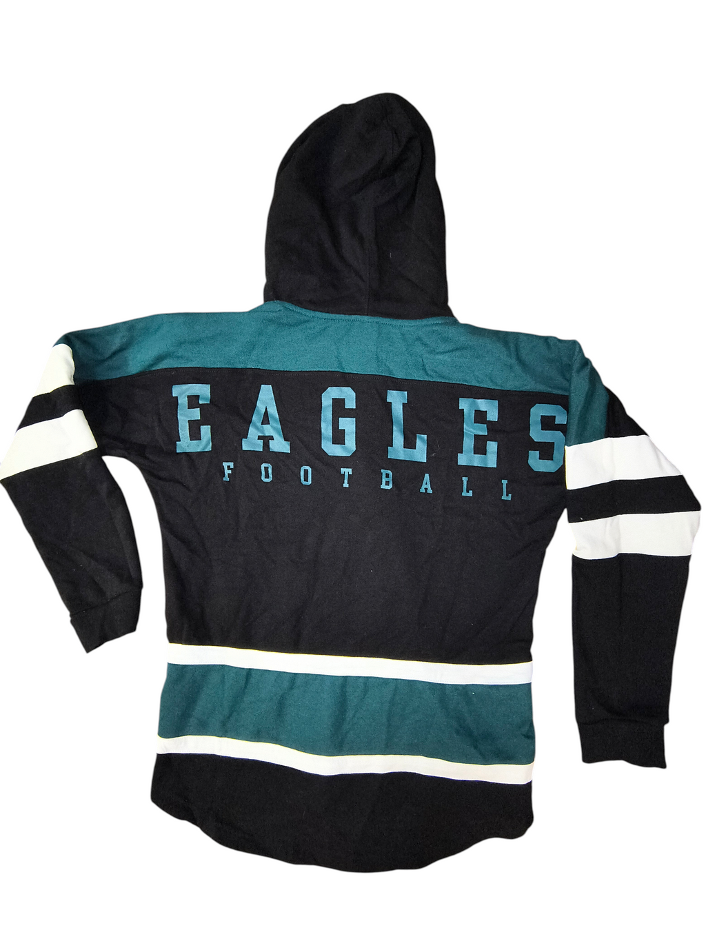 Awsum Thrift Philadelphia Eagles NFL hoodie with black and green colorblock, white stripes, and back text graphic.
