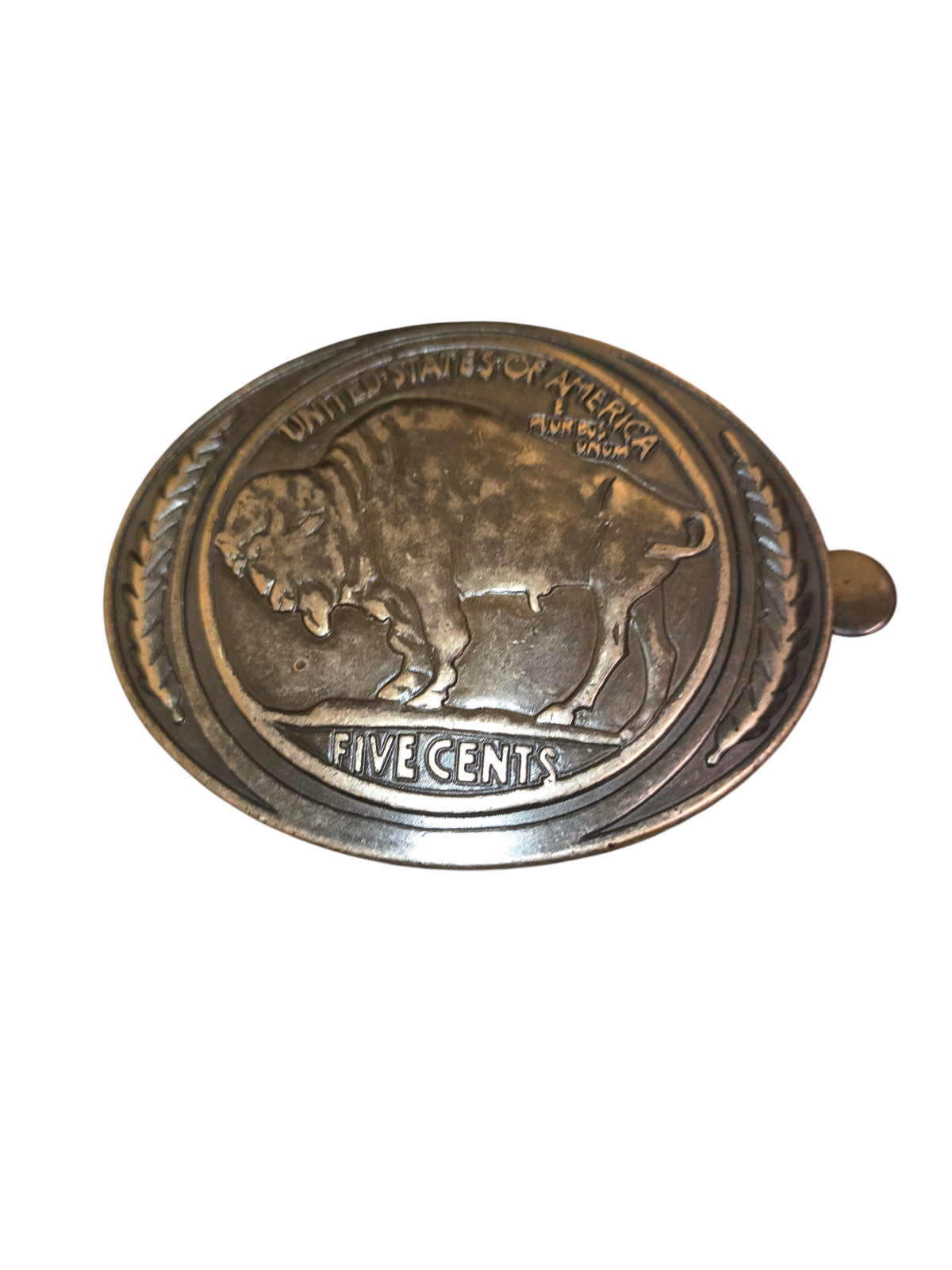 Awsum Thrift vintage Eddie Bauer belt buckle featuring an antiqued silver-tone Buffalo Nickel coin design