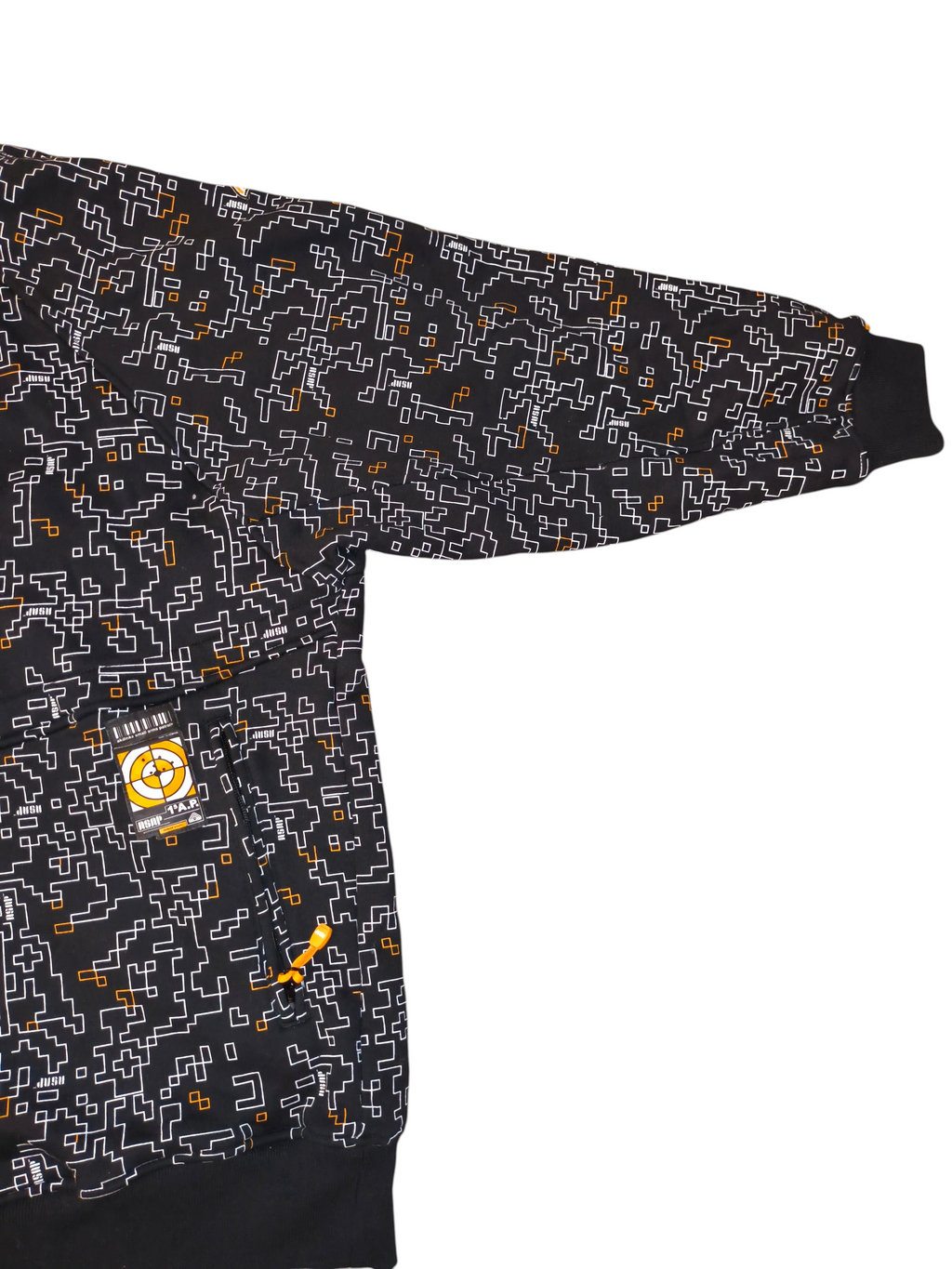 Awsum Thrift vintage Akademiks fleece jacket featuring a black, white, and yellow pixelated maze pattern and target patch