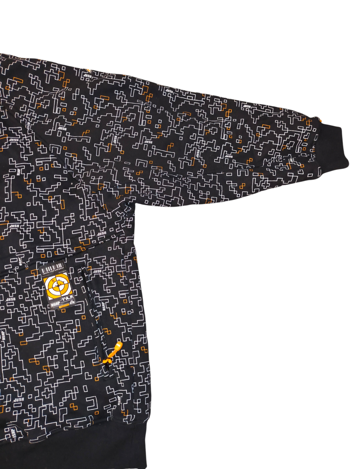 Awsum Thrift vintage Akademiks fleece jacket featuring a black, white, and yellow pixelated maze pattern and target patch