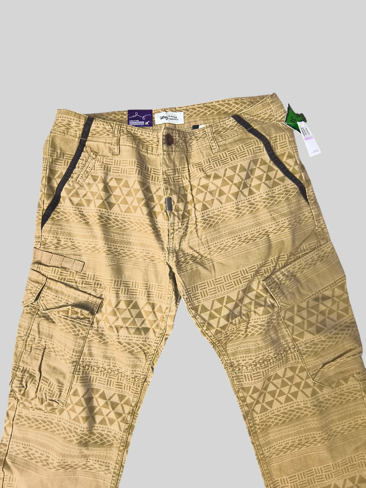 Awsum Thrift LRG khaki tan cotton cargo pants with southwest Aztec geometric print and utility pockets