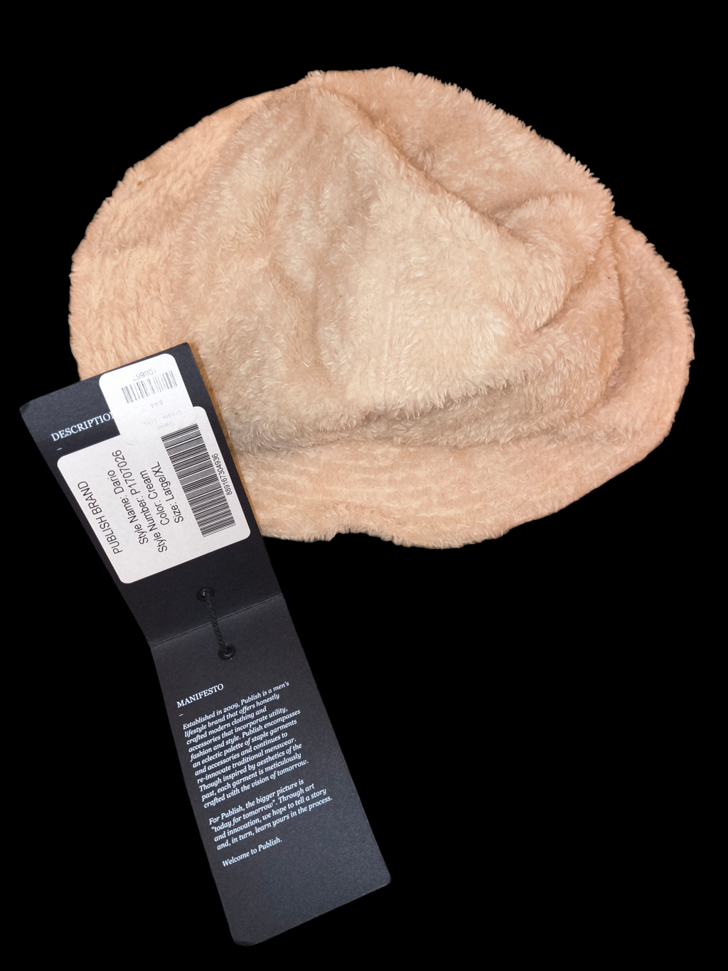 Awsum Thrift Publish Brand Dario cream fleece bucket hat with original retail tags attached