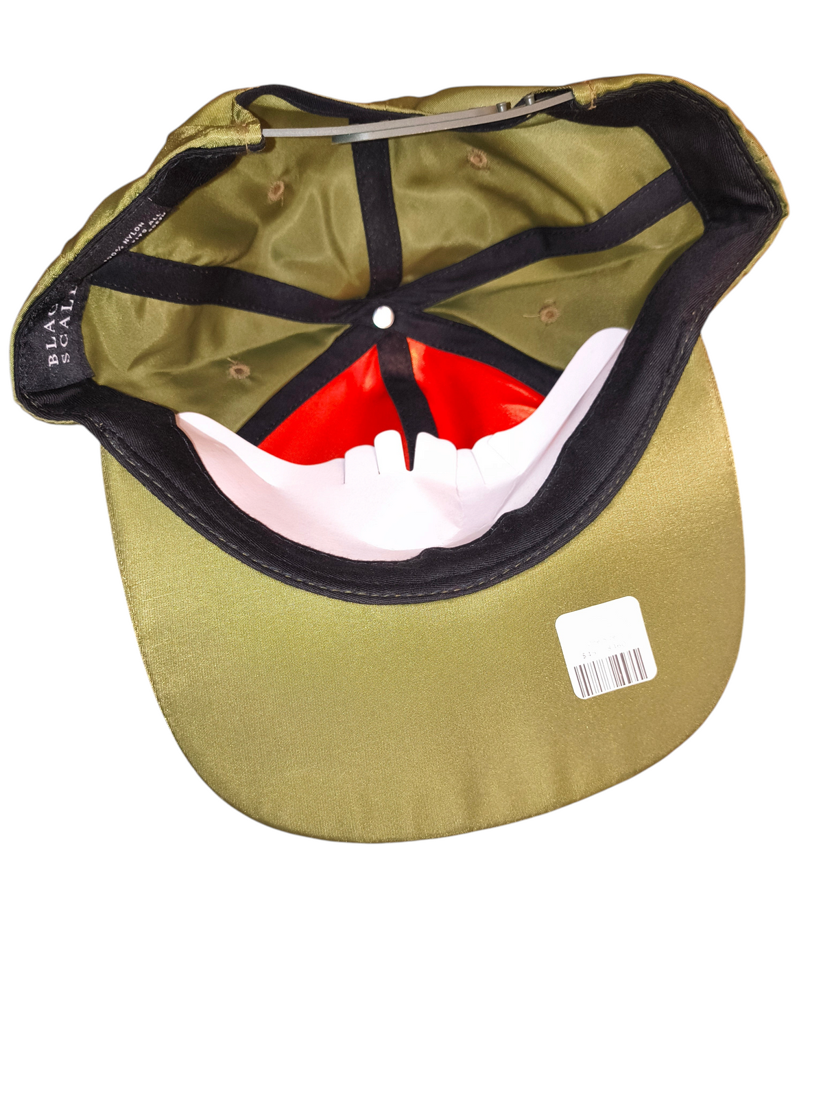 Awsum Thrift Black Scale olive green nylon flight satin snapback hat with orange interior lining and barcode sticker