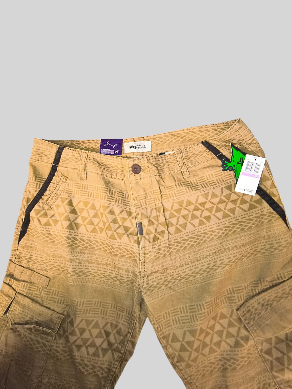 Awsum Thrift LRG khaki tan cotton cargo pants featuring an all-over southwest Aztec geometric print and utility pockets