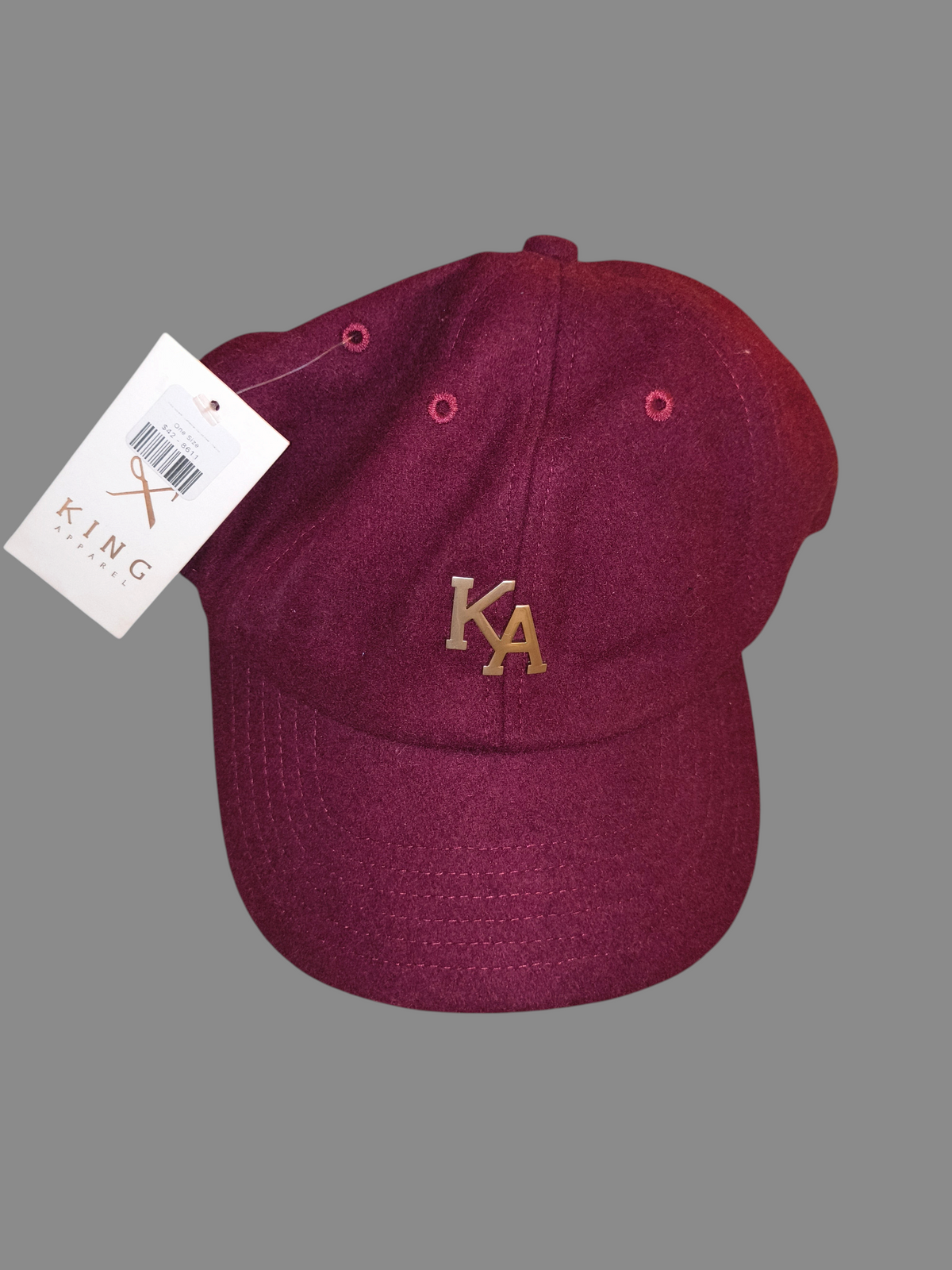 Awsum Thrift King Apparel maroon wool dad hat with gold KA monogram logo and attached brand tag