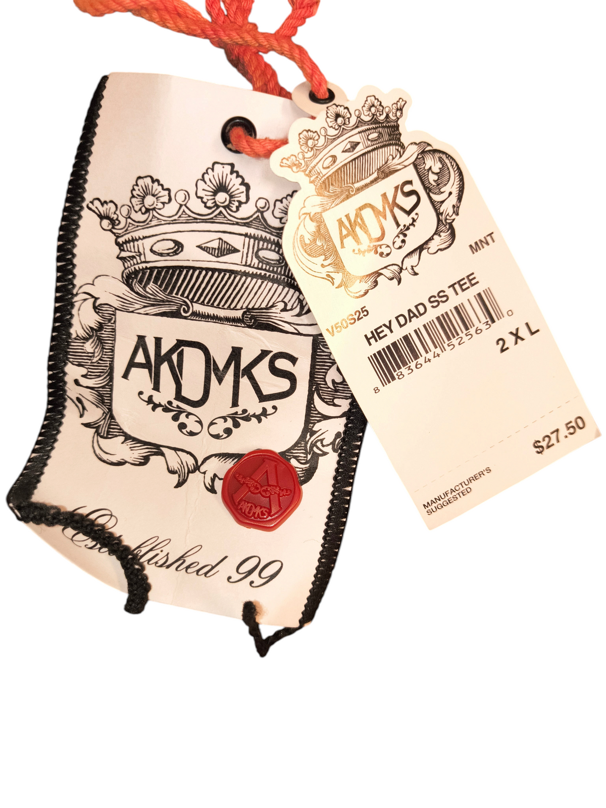 Awsum Thrift Akademiks brand hang tags with crown logo and product details for a Hey Dad graphic t-shirt