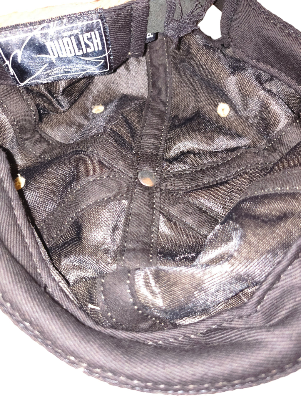 Awsum Thrift Publish Brand Davin 5-panel hat interior featuring black satin lining and branded woven label